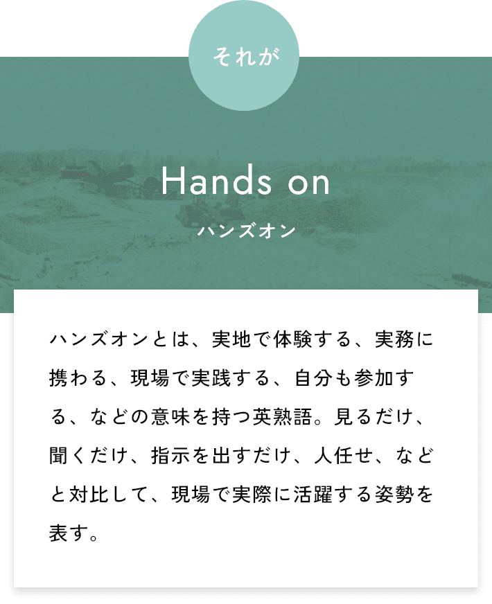 それがハンズオン ハンズオンとは、実地で体験する、実務に携わる、現場で実践する、自分も参加する、などの意味を持つ英熟語。見るだけ、聞くだけ、指示を出すだけ、人任せ、などと対比して、現場で実際に活躍する姿勢を表す。